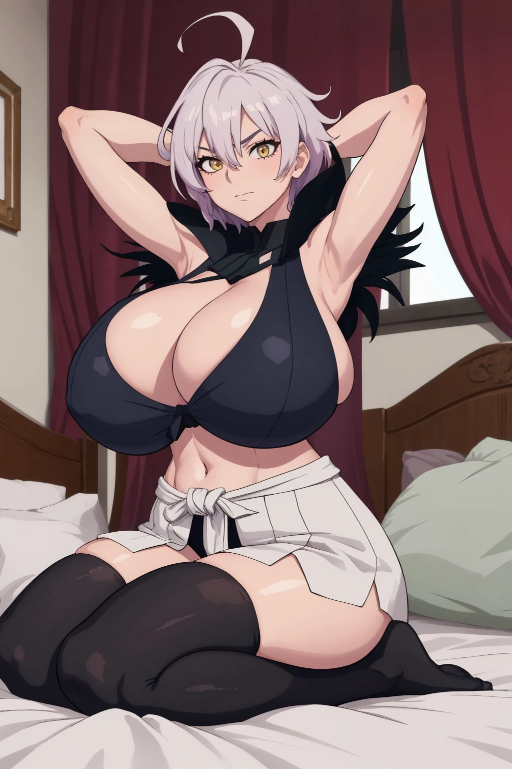 masterpiece, best quality, 1girl, solo, <lora:manyuukagefusa-mh-richy-v1:1> kagefusa, ahoge, black feathered shoulder pads, revealing clothes, bracer, navel, clothes around waist, thighhighs, huge breasts, msucular female, bedroom, bed, seiza, sitting, arms behind head,