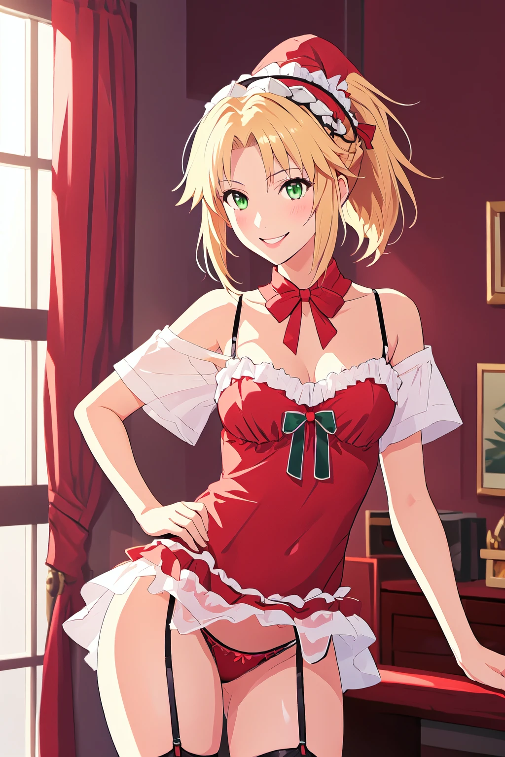 <lyco:SexySantasHelper:1.1>, sshelper, 1girl, volumetric lighting, cute, smile, cowboy shot, , panties, mature female, garter straps, <lora:Mordred:1>, mordred \(fate\), blonde hair, green eyes, ponytail