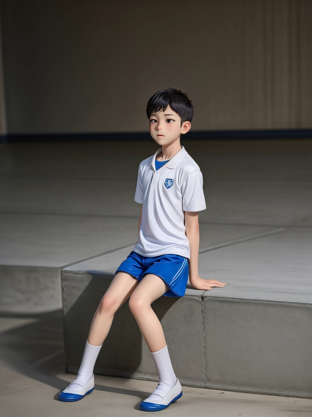 full body,solo,1boy,sitting on cementite,(shineix:1.2),socks,gym uniform,endured_face,
short hair:boy,asian,dance studio,AS-YoungerV2,