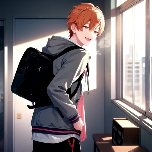 <lora:AkitoV2-03:0.75>, akitokun, looking at viewer, smile, open mouth, long sleeves, holding, hair between eyes, jewelry, school uniform, jacket, :d, earrings, looking back, pants, indoors, hood, bag, from behind, window, hoodie, blazer, backpack, hood down, lens flare, school bag, hand in pocket, grey jacket