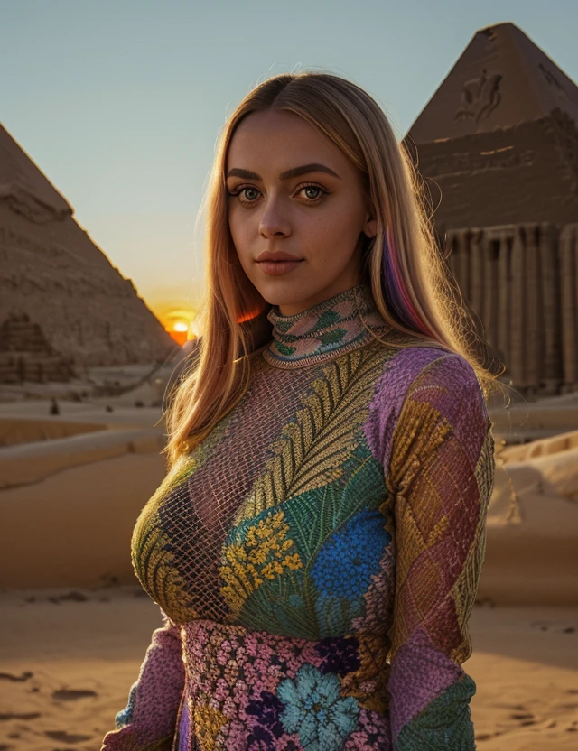 k1r3k photo of (k1r3k) woman, RAW, nature, Spectacular light, (Egyptian style Turtleneck), (Colorful flowering), 8k, soft lighting, high quality, film grain, Olympus OM1 sharp focus, f 3.4, ((detailed eyes)), (seductive pose), upper body, breast, large breasts ((Egyptian pyramids, Sunset)), smile 