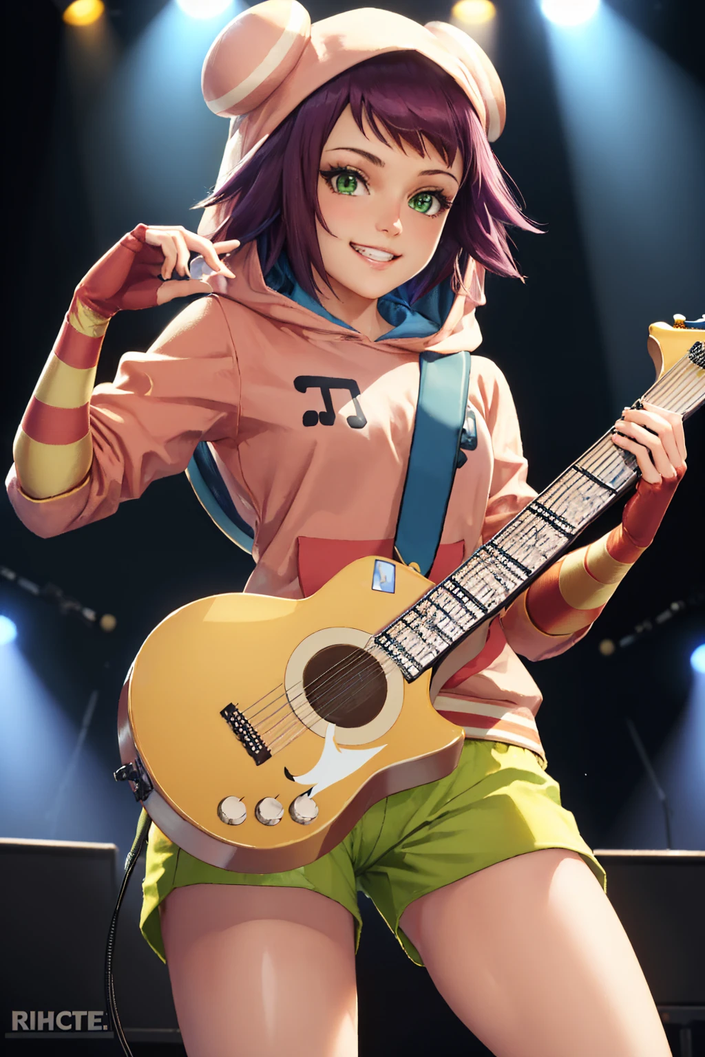 (masterpiece, best quality:1.2), solo, 1girl, sonia strumm, grin, looking at viewer, holding instrument, holding guitar, playing instrument, hoodie, fingerless gloves, striped, green shorts, concert, spotlight <lora:megamansf_soniastrumm:1>