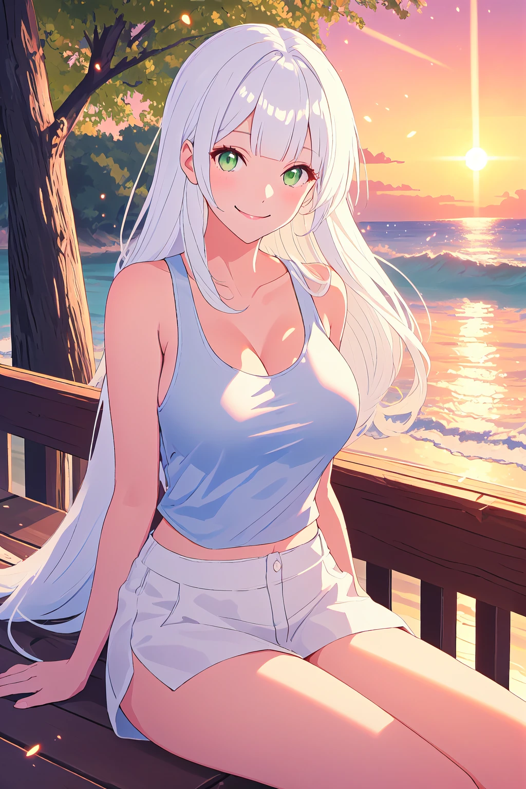 long hair, white hair, green eyes, sitting on boardwalk, sunset, light particles, fireflies, volumetric lighting, tank top, large breasts, smile, sparkling eyes, blunt bangs