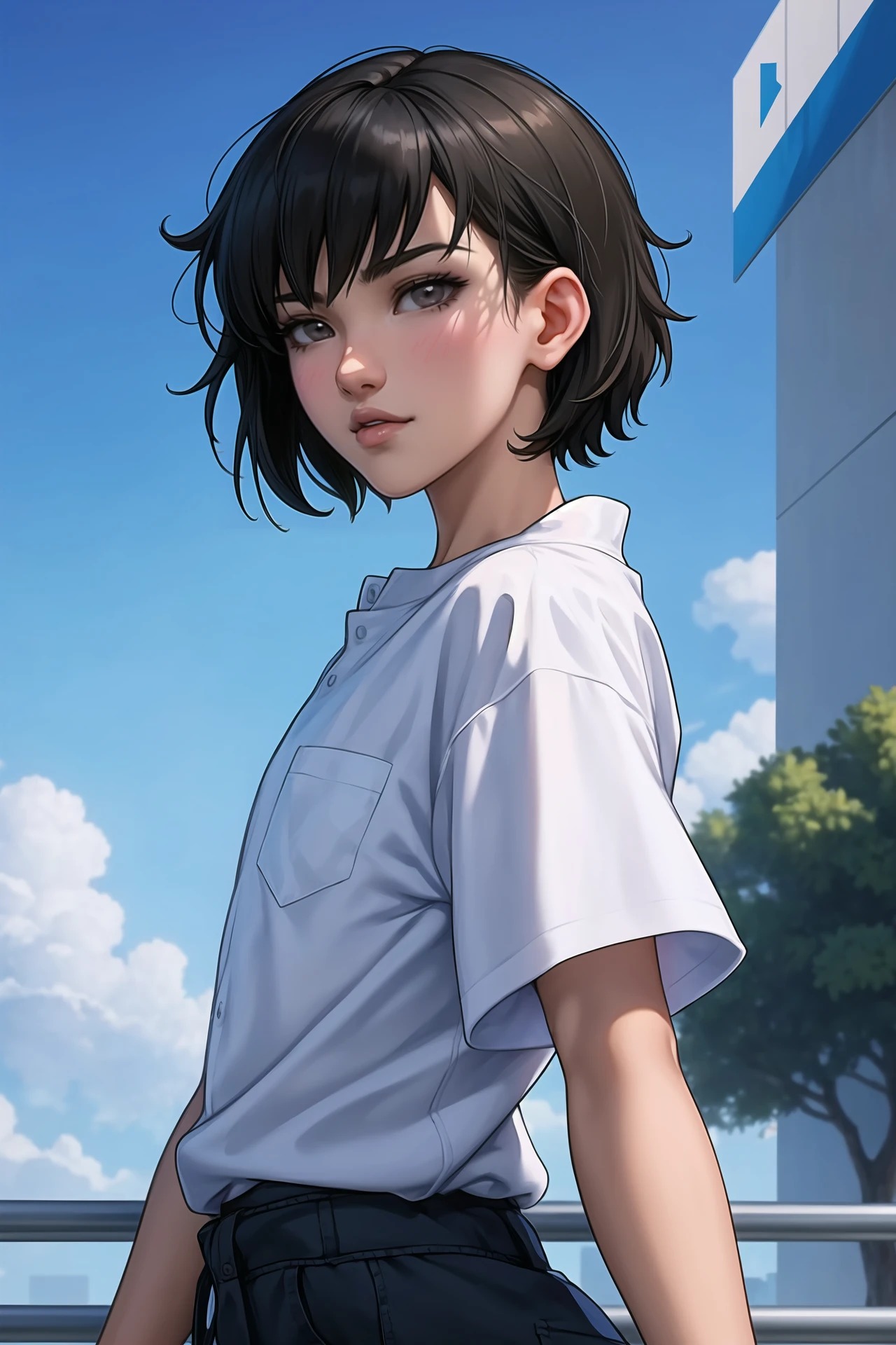 A man, 18 years old, with short black short hair, black clothes, looking at the camera, standing, hall, high quality, Makoto Shinkai style, detailed facial details, bright colors, 4K, front, front view