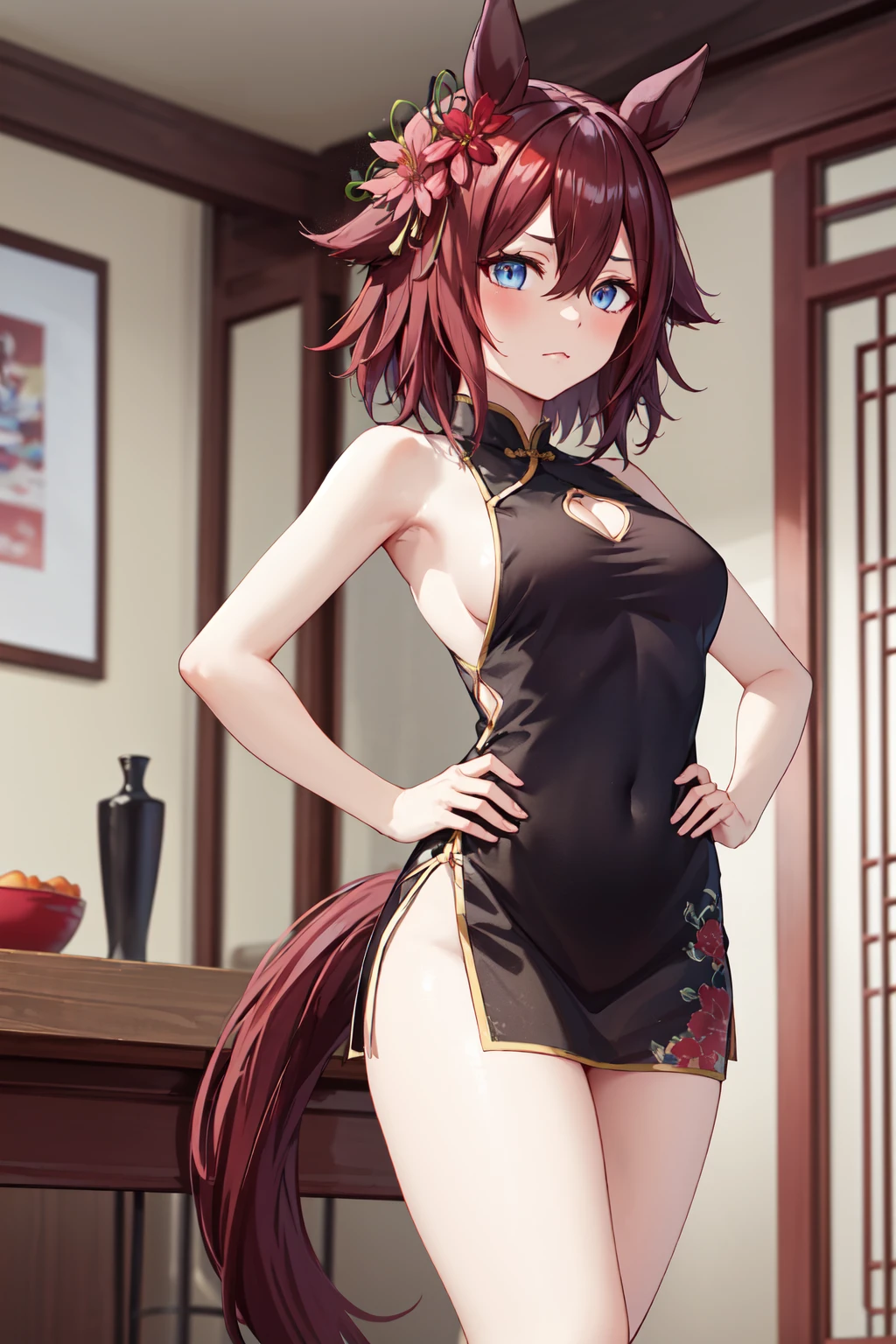 masterpiece,best quality,highres,ultra-detailed,aachiyo,horse ears,medium hair,hair between eyes,hair flower,horse tail,<lora:sakura_chiyono_o_(umamusume):0.7>,bare shoulders,china dress,chinese clothes,short dress,cleavage cutout,sideboob,thighs,hands_on_hips,furrowed_brow,indoors,front view,