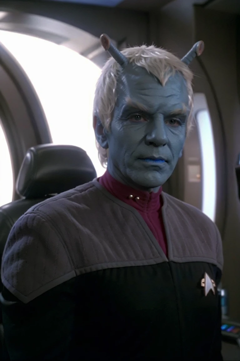 andorian man, white hair, white eyebrows, blue skin, antennae, wearing ds9st uniform, red collar, scifi starship interior, <lora:race_st_andorian:0.75>, <lora:DS9_768V12:0.7>