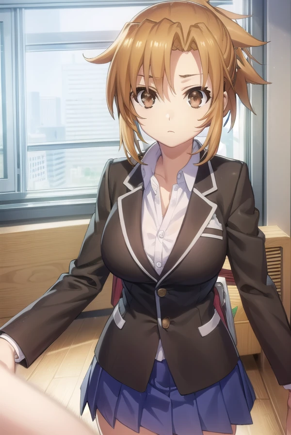 aiyamabuki, <lora:ai yamabuki s2-lora-nochekaiser:1>,
ai yamabuki, short hair, brown hair, hair ornament, (brown eyes:1.5), ponytail,
BREAK school uniform, blazer, black blazer, shirt, white shirt, collared shirt, skirt, blue skirt, open clothes,
BREAK indoors, classroom,
BREAK looking at viewer, (cowboy shot:1.5),
BREAK <lyco:GoodHands-beta2:1>, (masterpiece:1.2), best quality, high resolution, unity 8k wallpaper, (illustration:0.8), (beautiful detailed eyes:1.6), extremely detailed face, perfect lighting, extremely detailed CG, (perfect hands, perfect anatomy),