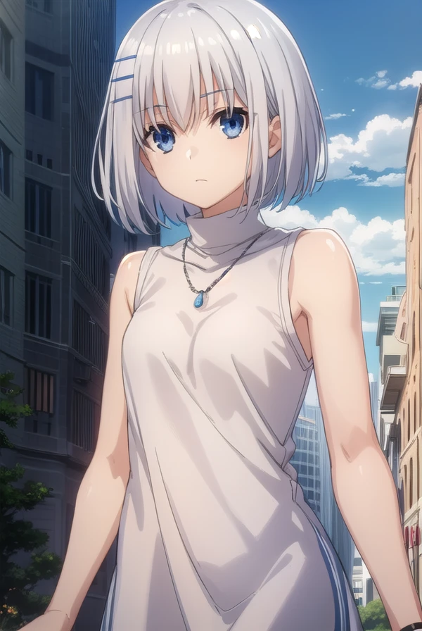 origamitobiichi, <lora:origami tobiichi s2-lora-nochekaiser:1>,
origami tobiichi casual, short hair, blue eyes, hair ornament, bare shoulders, jewelry, white hair, sleeveless, hairclip, necklace, turtleneck, sleeveless turtleneck, strap between breasts, white dress,
BREAK ,
BREAK outdoors, sky, blue sky, clouds, sun, city, buildings, crowd, people,
BREAK looking at viewer, (cowboy shot:1.5),
BREAK <lyco:GoodHands-beta2:1>, (masterpiece:1.2), best quality, high resolution, unity 8k wallpaper, (illustration:0.8), (beautiful detailed eyes:1.6), extremely detailed face, perfect lighting, extremely detailed CG, (perfect hands, perfect anatomy),
