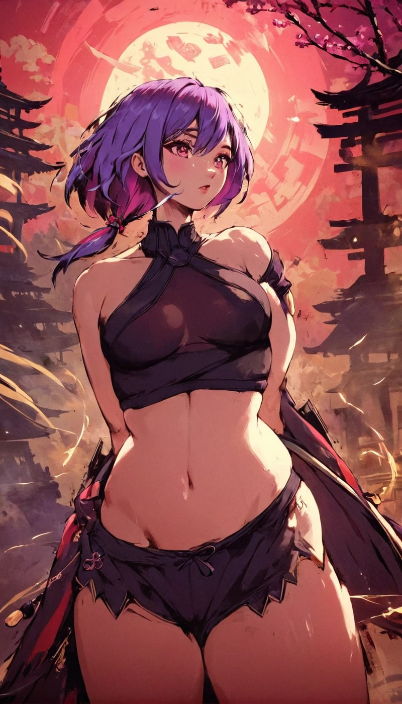 <lora:Akramness_Style_XL:1.45> by_akramness, a ninja, action pose, dynamic angle, by an old japanese castle, (masterpiece), best quality, highres, 4k, 8k, intricate detail, cinematic lighting, amazing quality, amazing shading, soft lighting, Detailed Illustration, official artwork, anime style, wallpaper, official art, chromatic aberration, colorful, bright colors, 1girl, Bob, saggy breasts, Curvy body, hazel eyes, Lilac hair