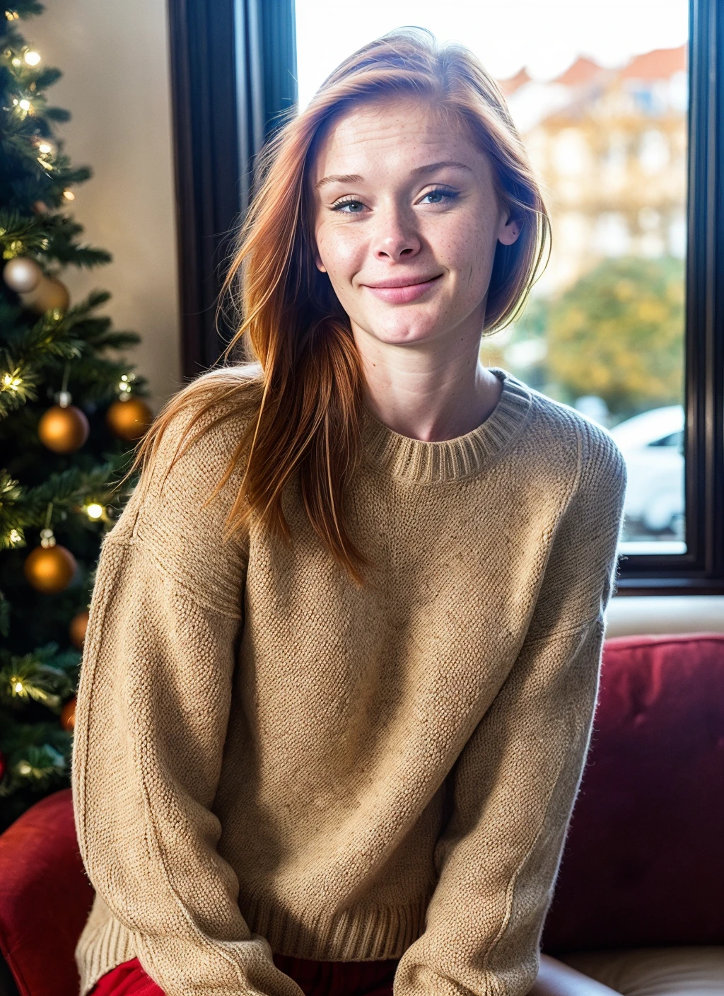 RAW photo of 20 years old alextanner-ti, natural lighting, 8k uhd, dslr, high quality, film grain, Fujifilm XT3, <lora:add_detail:0.7>, by Peter Lindbergh, christmas theme, young, wearing a sweater