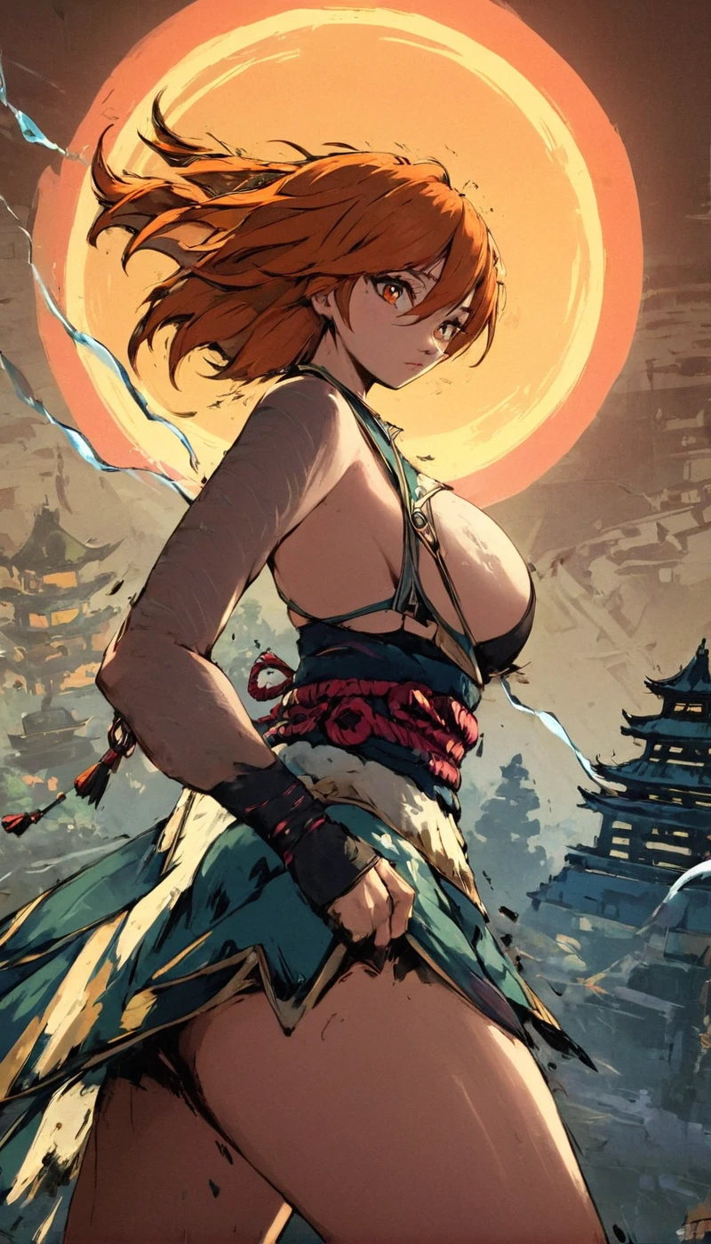 <lora:Akramness_Style_XL:1.45> by_akramness, a ninja, action pose, dynamic angle, by an old japanese castle, (masterpiece), best quality, highres, 4k, 8k, intricate detail, cinematic lighting, amazing quality, amazing shading, soft lighting, Detailed Illustration, official artwork, anime style, wallpaper, official art, chromatic aberration, colorful, bright colors, 1girl, Straight hair, medium boobs, Lean body, silver eyes, Sunset orange hair