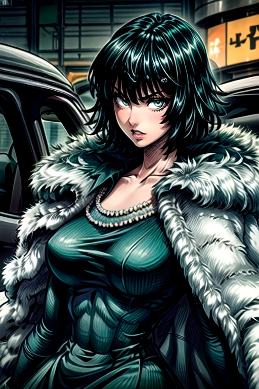 <lora:Fubuki2:1> <lora:more_details:1> fubuki2, 1girl, solo, breasts, looking at viewer, short hair, bangs, large breasts, black hair, dress, jewelry, green eyes, upper body, parted lips, necklace, ground vehicle, motor vehicle, green dress, car, pearl necklace, fur coat