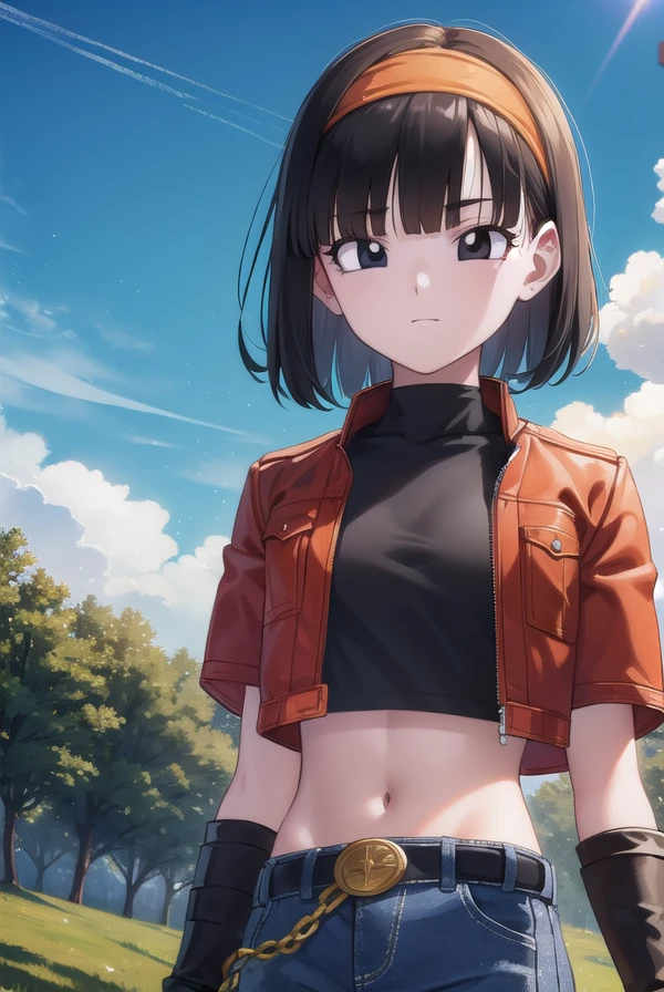 dragonballpan, <lora:dragon ball pan-lora-nochekaiser:1>,
pan xeno, short hair, bangs, black hair, gloves, navel, jacket, hairband, open clothes, black gloves, midriff, belt, pants, blunt bangs, (black eyes:1.5), crop top, black shirt, red jacket, cropped jacket, orange hairband, smile,
BREAK ,
BREAK outdoors, forest, nature, trees, grass, clouds, sky, sun,
BREAK looking at viewer, (cowboy shot:1.5),
BREAK <lyco:GoodHands-beta2:1>, (masterpiece:1.2), best quality, high resolution, unity 8k wallpaper, (illustration:0.8), (beautiful detailed eyes:1.6), extremely detailed face, perfect lighting, extremely detailed CG, (perfect hands, perfect anatomy),