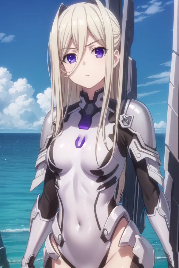 ellenmiramathers, <lora:ellen mira mathers s2-lora-nochekaiser:1>,
ellen mira mathers ast, long hair, blonde hair, very long hair, (purple eyes:1.1), hair between eyes,
BREAK navel, bodysuit, mecha musume, armor,
BREAK outdoors, sky, clouds, sun, blue sky,
BREAK looking at viewer, (cowboy shot:1.5),
BREAK <lyco:GoodHands-beta2:1>, (masterpiece:1.2), best quality, high resolution, unity 8k wallpaper, (illustration:0.8), (beautiful detailed eyes:1.6), extremely detailed face, perfect lighting, extremely detailed CG, (perfect hands, perfect anatomy),