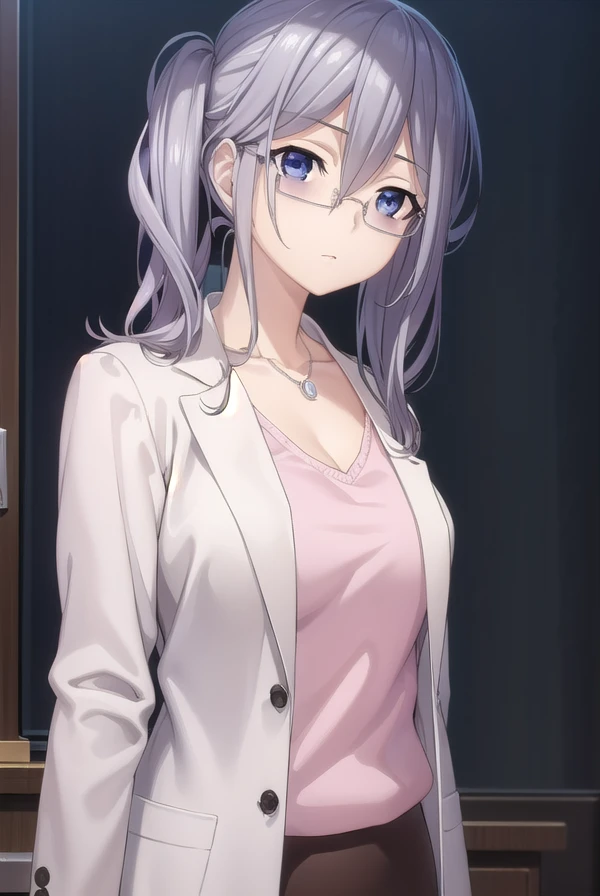 reinamurasame, <lora:reina murasame s2-lora-nochekaiser:1>,
reina murasame, long hair, blue eyes, grey hair, side ponytail, hair between eyes,
BREAK shirt, (pink shirt:1.2), cleavage, collarbone, necklace, labcoat, white labcoat, skirt, pencil skirt, black skirt, open clothes, glasses, stuffed toy, stuffed animal, teddy bear,
BREAK indoors, classroom,
BREAK looking at viewer, (cowboy shot:1.5),
BREAK <lyco:GoodHands-beta2:1>, (masterpiece:1.2), best quality, high resolution, unity 8k wallpaper, (illustration:0.8), (beautiful detailed eyes:1.6), extremely detailed face, perfect lighting, extremely detailed CG, (perfect hands, perfect anatomy),