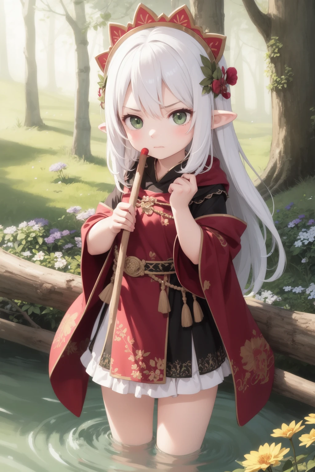 masterpiece, best quality, 1girl, long hair, white hair, green eyes, pointy ears, angry, forest, river, holding, holding wood stick, closed mouth, tunic, flower headdress