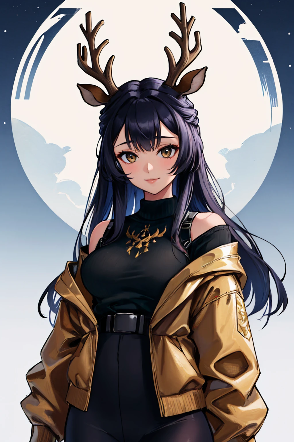 (masterpiece, best quality:1.2), solo, 1girl, tsukinogi, slight smile, looking at viewer, deer ears, antlers, jacket, off shoulder, sweater <lora:arknights_tsukinogi-16:1>