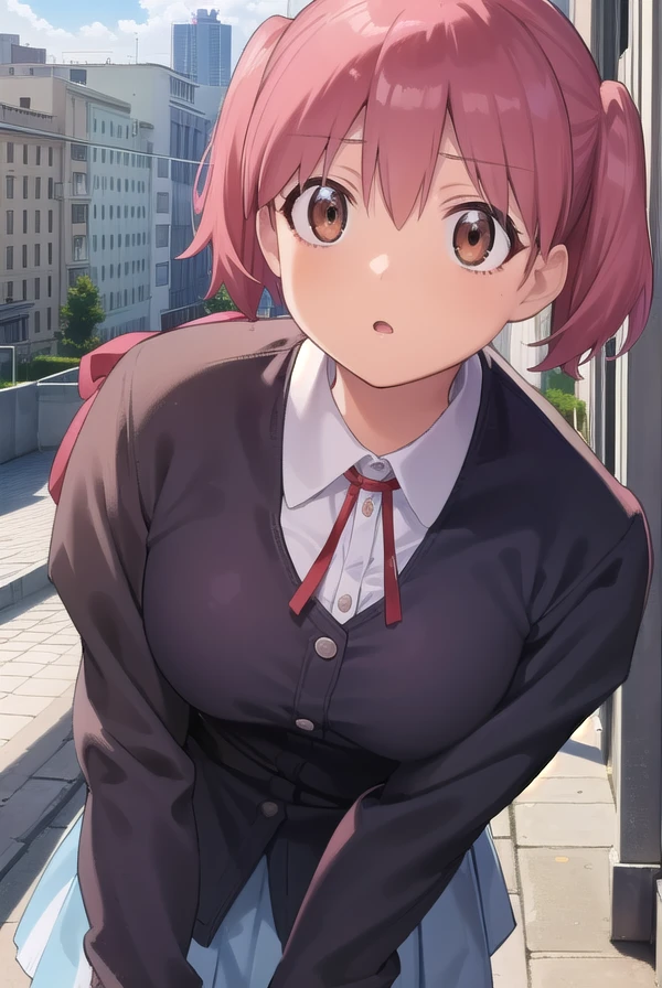 natsumihinata, <lora:natsumi hinata movie-lora-nochekaiser:1>,
natsumi hinata, short hair, twintails, pink hair, (brown eyes:1.5),
BREAK shirt, long sleeves, white shirt, collared shirt, ribbon, red ribbon, skirt, grey skirt,
BREAK outdoors, city, sky, clouds, sun, buildings, crowd, people,
BREAK looking at viewer, (cowboy shot:1.5),
BREAK <lyco:GoodHands-beta2:1>, (masterpiece:1.2), best quality, high resolution, unity 8k wallpaper, (illustration:0.8), (beautiful detailed eyes:1.6), extremely detailed face, perfect lighting, extremely detailed CG, (perfect hands, perfect anatomy),
