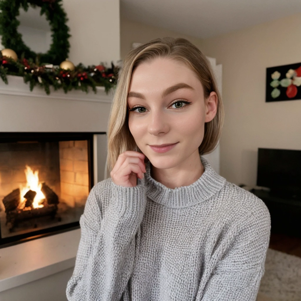 <lora:stpeach_sd15_512_128_64_v1:1>stpeach 1girl, wearing a sweater, christmas decoration cozy fireplace in background,