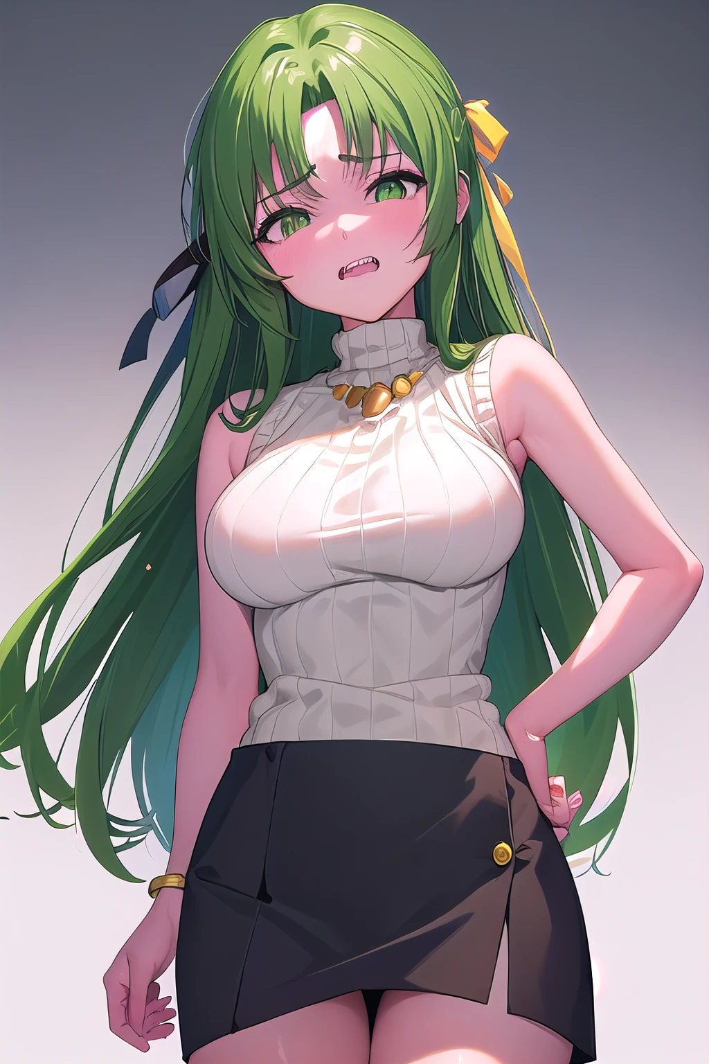 masterpiece, best quality, ultra-high-detailed, disgusted face, Sonozaki Shion, green hair, green eyes, long hair, yellow ribbon, yellow necklace, turtleneck sweater, black skirt, teeth