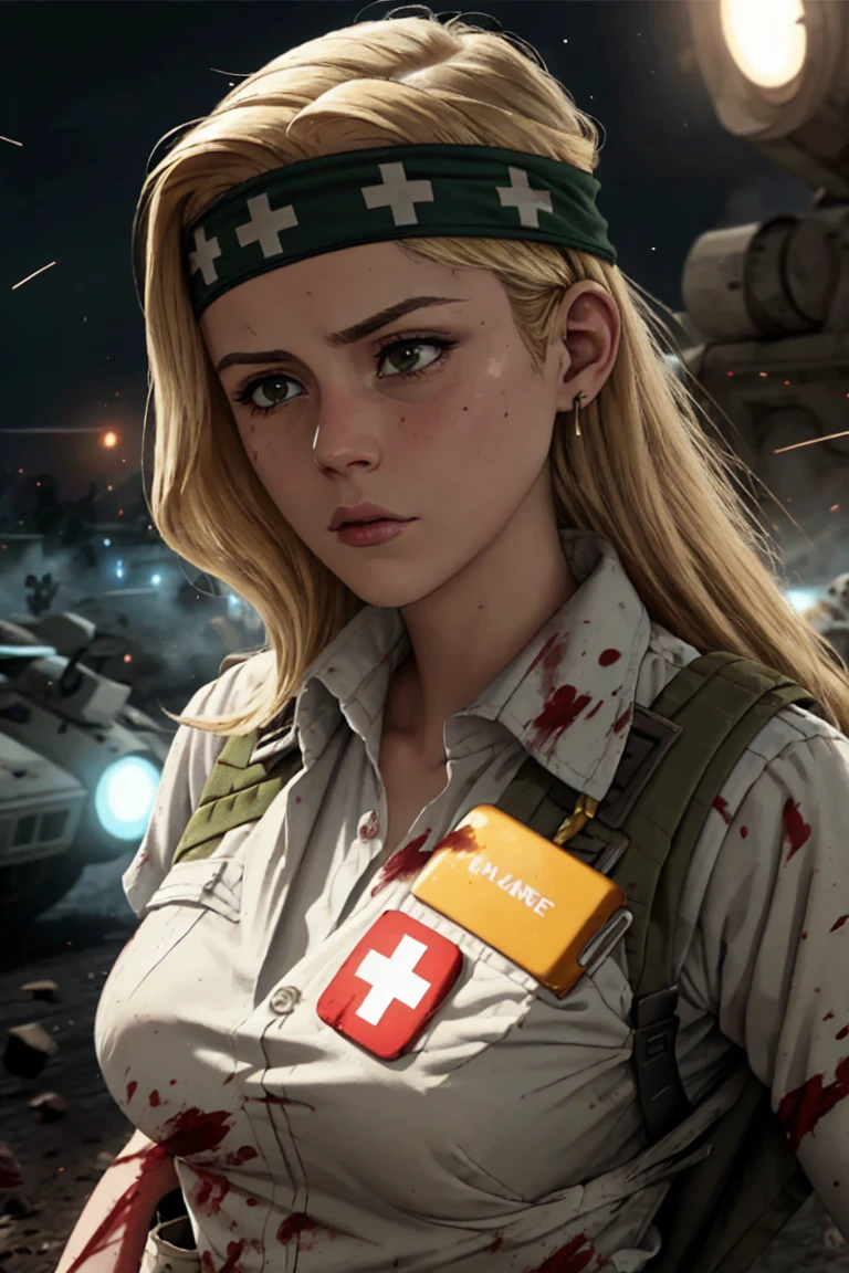 <lora:Erin_Moriarty-v1:1.2> 3r1n,woman, long blonde hair, looking at viewer, portrait, solo, half shot, looking down, detailed background, detailed face, (<lora:NeoFuturisticTech-20:0.6>, neotech theme:1.1), battlefield-medic, worried expression, military medic uniform, vest, headband, gloves, straps, green cross, military insignia, first aid kit, morphine, triage, blood , dynamic movement, war torn battlefield-hospital in background, floating particles, ashes, intense action, dark night, chaos, cinematic atmosphere,