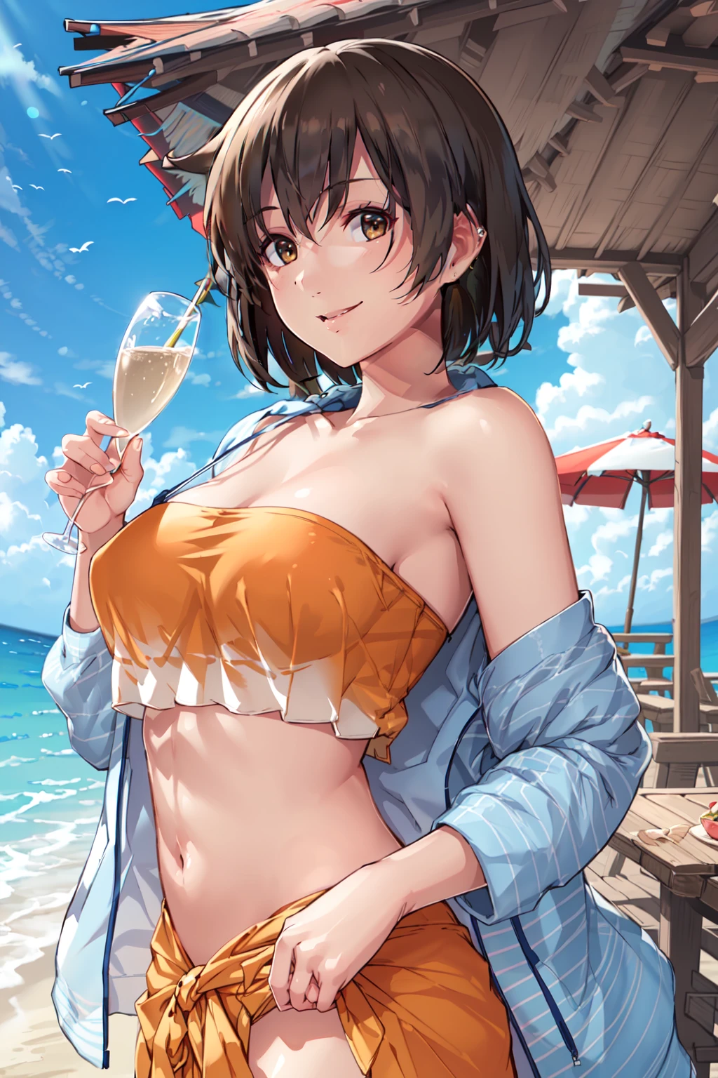 (masterpiece), (best quality), (ultra-detailed), photorealistic, (best illustration), (an extremely delicate and beautiful),1girl, hiryuusummer, one side up, (striped hoodie), blue hoodie, open clothing, open jacket,  sarong, (holding champagne flute), from side, looking at viewer, smile, detailed scenery, orange bikini, crop top, bandeau, tube top, frills, midriff, navel, beach house, straw roof, arm up, detailed scenery, (champagne flute:0.8),  <lora:hiryuu_all_nai_6-24:0.8:lbw=OUTD> strapless