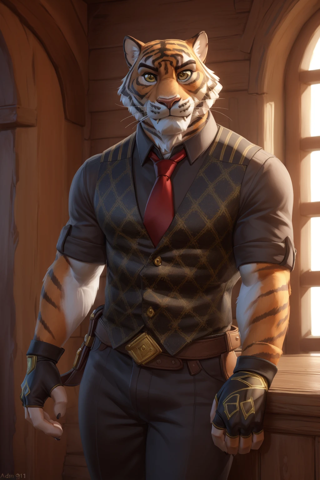 <lora:oscar-09:0.8>, oscarfortnite, yellow eyes, tail, mature male, (posing:1.3), (soft shading), 4k, hi res, five fingers, detailed hands, ((detailed face, (detailed eyes:1.5), detailed)), by zackarry911, by zaush, (by personalami:0.5), looking at viewer, short hair, shirt, gloves, 1boy, male focus, thighs, cowboy shot, necktie, collared shirt, pants, fingerless gloves, feet out of frame, fangs, thick thighs, thick eyebrows, red necktie, sleeves rolled up, plump,