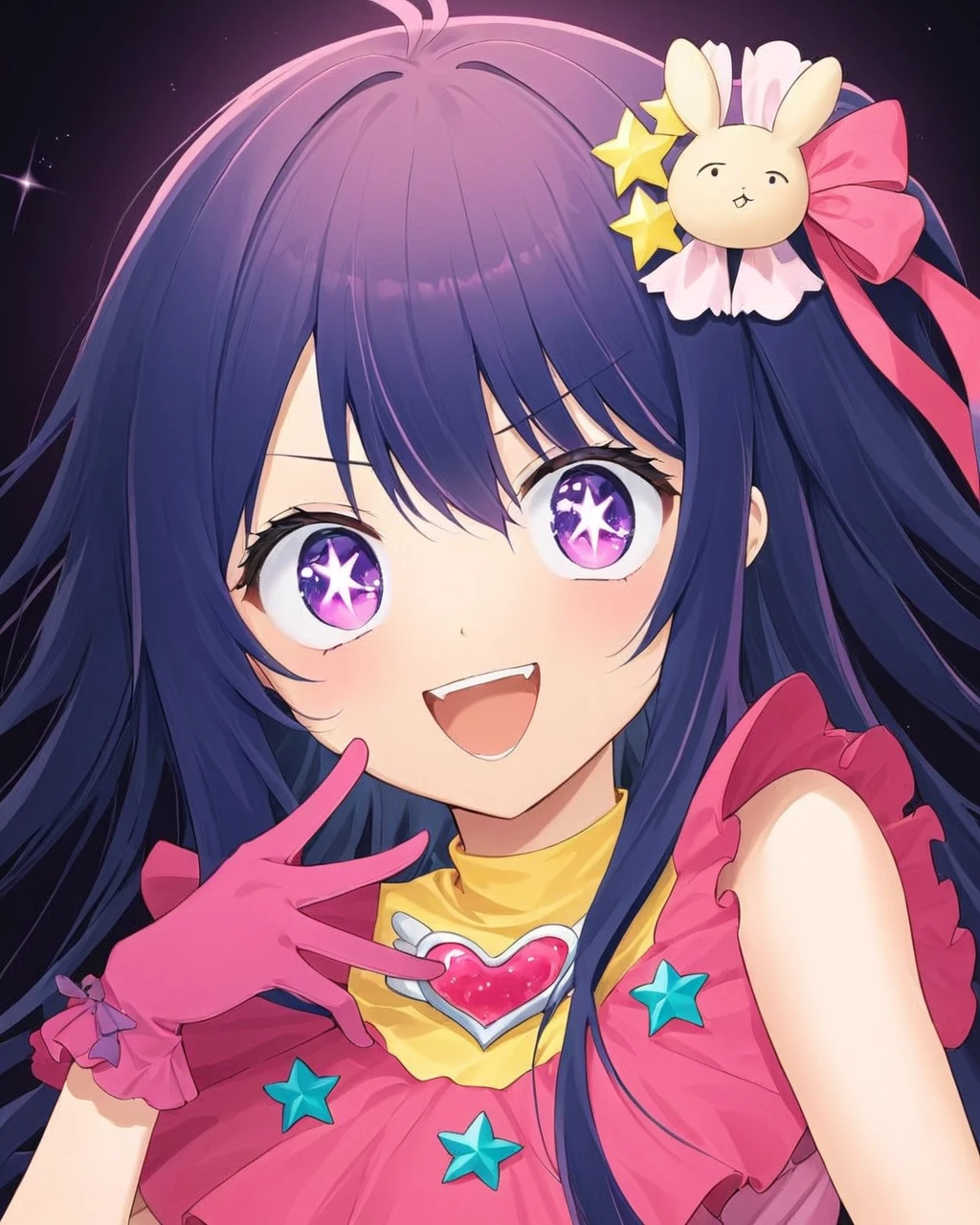ai hoshino,1girl, solo, star_\(symbol\), open_mouth, idol, pink_gloves, looking_at_viewer, fangs, star_hair_ornament, dress, teeth, upper_body, :d, ribbon, black_background
<lora:hoshino_ai_(oshi_no_ko)_image2321_2023-12-06:1>,star-shaped_pupils,symbol-shaped_pupils,. gorgeous,key visual, vibrant, studio anime,award-winning, professional, highly detailed,high budget, cinemascope