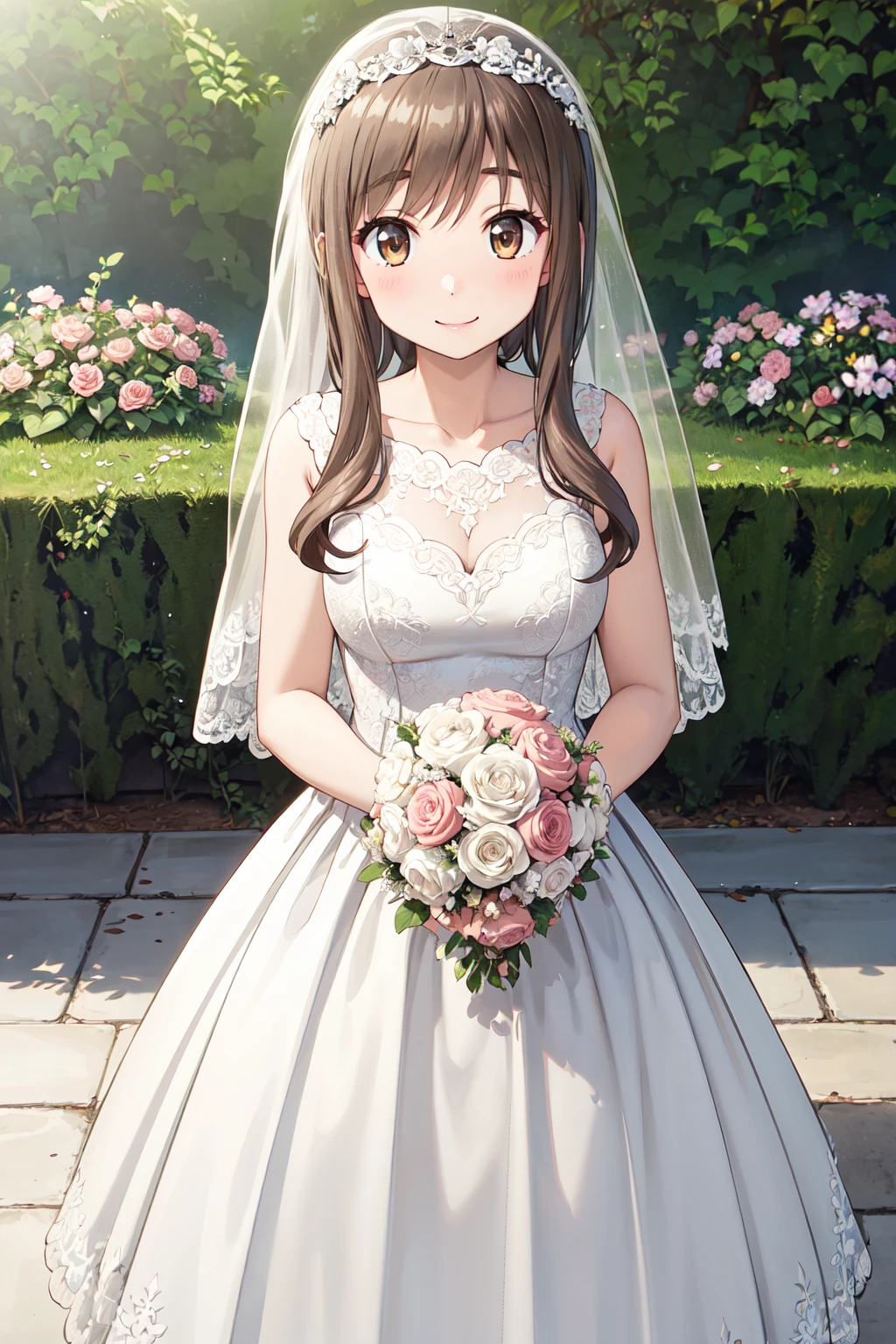 masterpiece,best quality,highres,ultra-detailed,aayoriko,1girl,long hair,ponytail,sidelocks,bangs,schash,<lora:matsumoto_yoriko:0.8>,(wedding dress:1.2),white dress,(veil:1.2),garden,smile,outdoors,standing,cowboy shot,holding bouquet,