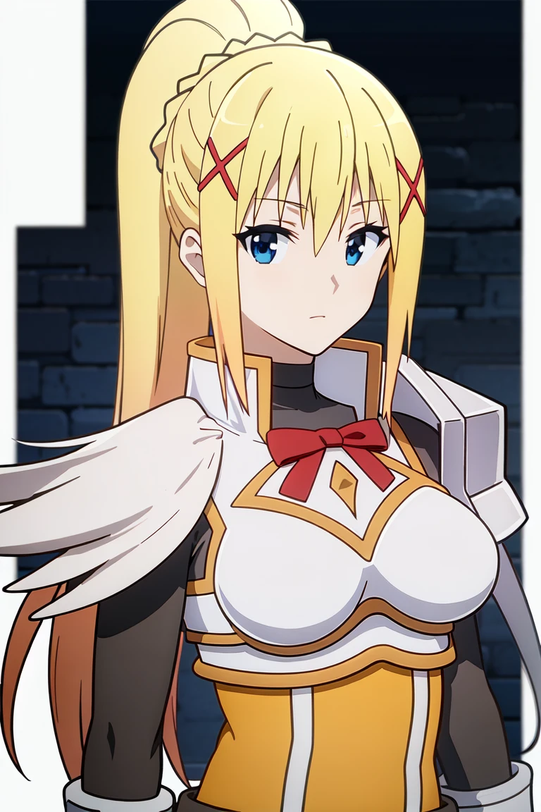 <lora:DarknessV2:0.7>
darkness (konosuba), best quality, masterpiece
portrait, looking at viewer, (white background), upper body,
1girl,solo,long hair,breasts,looking at viewer,blonde hair,hair ornament,gloves,ribbon,ponytail,black gloves,armor,x hair ornament,shoulder armor,pauldrons,darkness (konosuba)