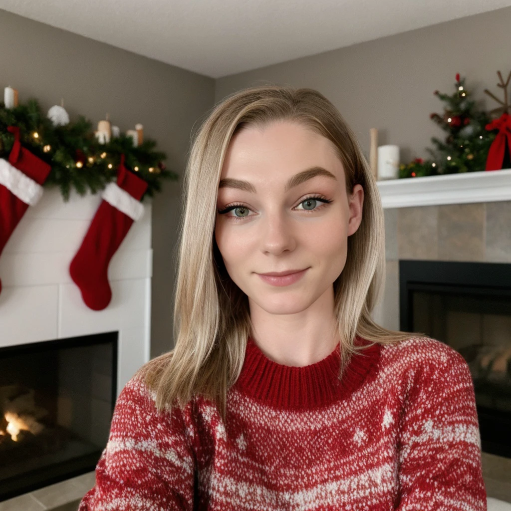 <lora:stpeach_sd15_512_128_64_v1:1>stpeach 1girl, wearing a sweater, christmas decoration cozy fireplace in background,