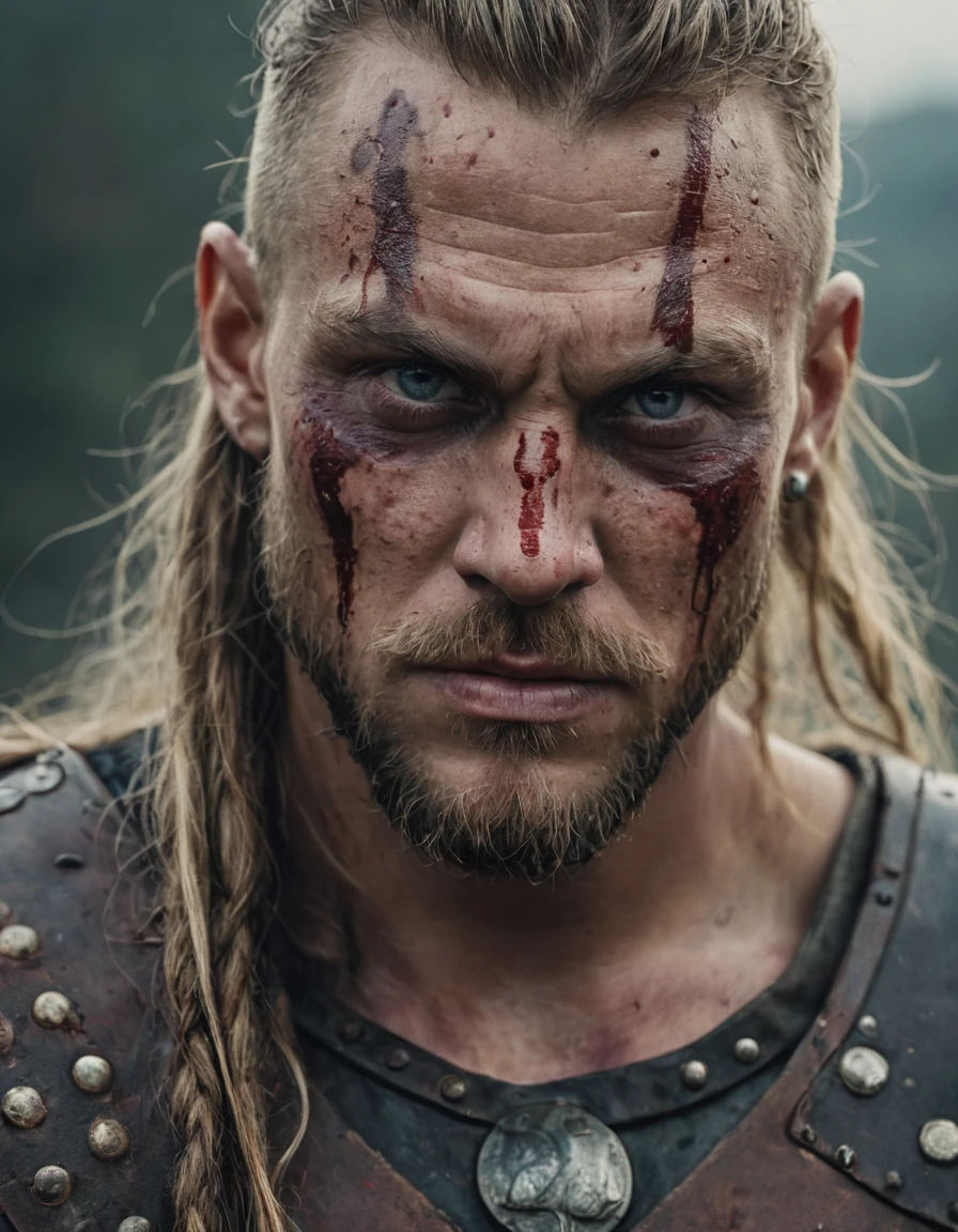 cinematic film still portrait of a viking warrior man with warrior face paintings and blood, detailed eyes, shallow depth of field, vignette, highly detailed, high budget Hollywood film, cinemascope, moody, epic, gorgeous
