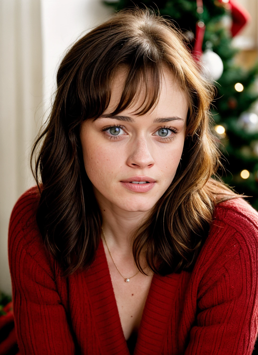 RAW photo of 20 years old alexisbledel-ti, natural lighting, 8k uhd, dslr, high quality, film grain, Fujifilm XT3, <lora:add_detail:0.7>, by Dorothea Lange, christmas theme, young