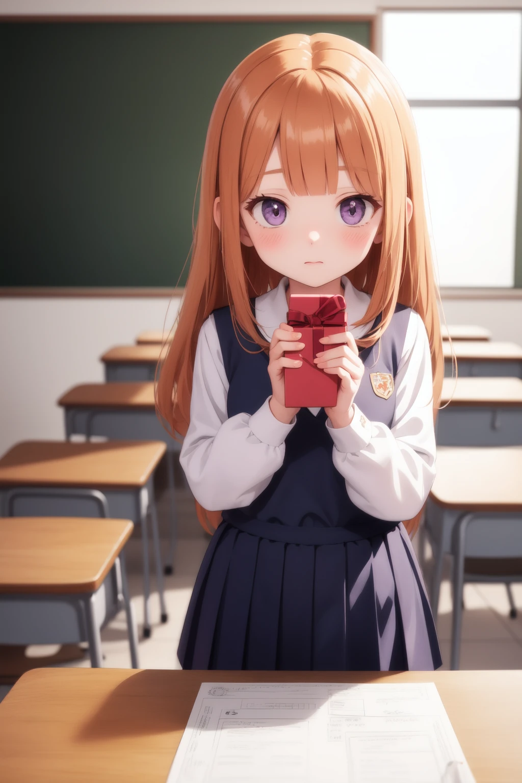 masterpiece, best quality, 1girl, orange hair, long hair, blunt bangs, purple eyes, shy, blushing, nervous, holding giftbox, school uniform, looking at other, solo focus, classroom