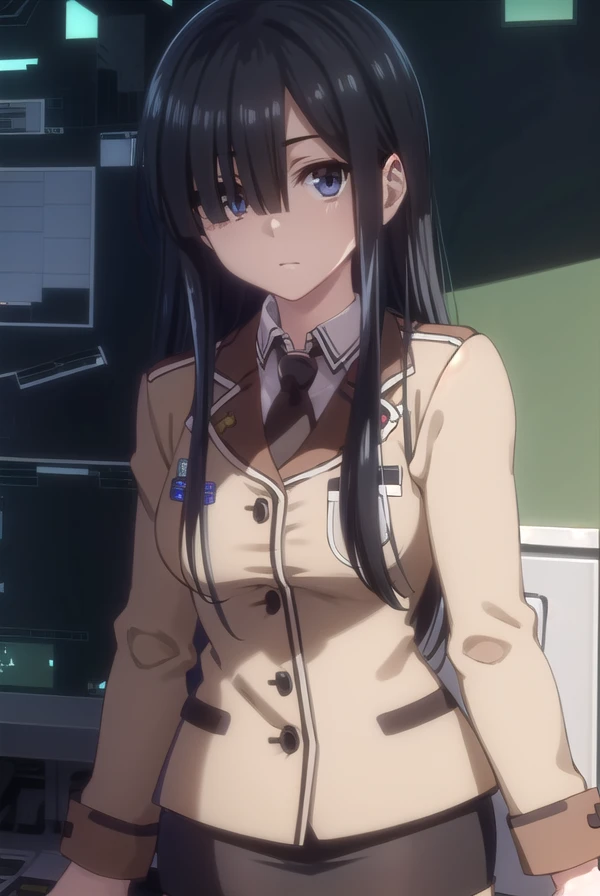 hinakoshiizaki, <lora:hinako shiizaki s2-lora-nochekaiser:1>,
hinako shiizaki, long hair, black hair, (brown eyes:1.3), (hair over one eye:1.5),
BREAK skirt, jacket, pantyhose, necktie, uniform, black pantyhose, military, pencil skirt,
BREAK indoors, classroom,
BREAK looking at viewer, (cowboy shot:1.5),
BREAK <lyco:GoodHands-beta2:1>, (masterpiece:1.2), best quality, high resolution, unity 8k wallpaper, (illustration:0.8), (beautiful detailed eyes:1.6), extremely detailed face, perfect lighting, extremely detailed CG, (perfect hands, perfect anatomy),