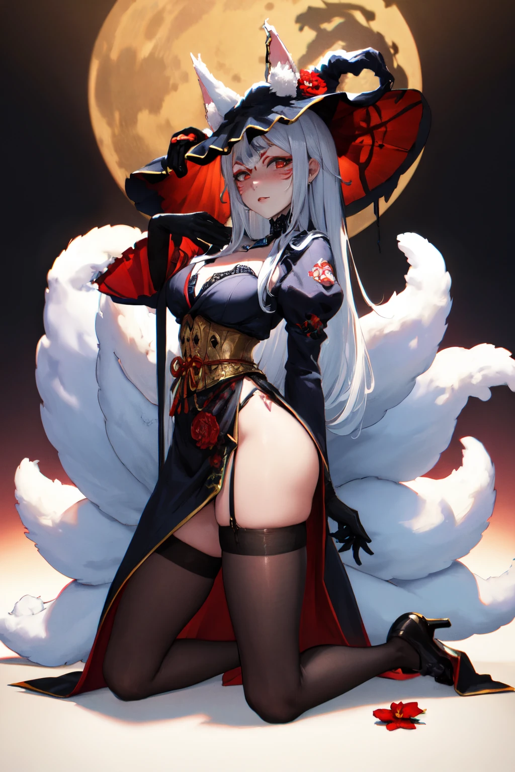 masterpiece, (detailed, highres, best quality), <lora:spninaKosaka:1> kosaka2st, facial mark, red eyeshadow, forehead mark, makeup, fox ears, animal ear fluff, fox tail, multiple tails, red flower, black dress, black gloves, black thighhighs, juliet sleeves, witch hat, chromatic aberration, full body, oni, blush, kneeling, looking at viewer, pantyshot, solo, Front view