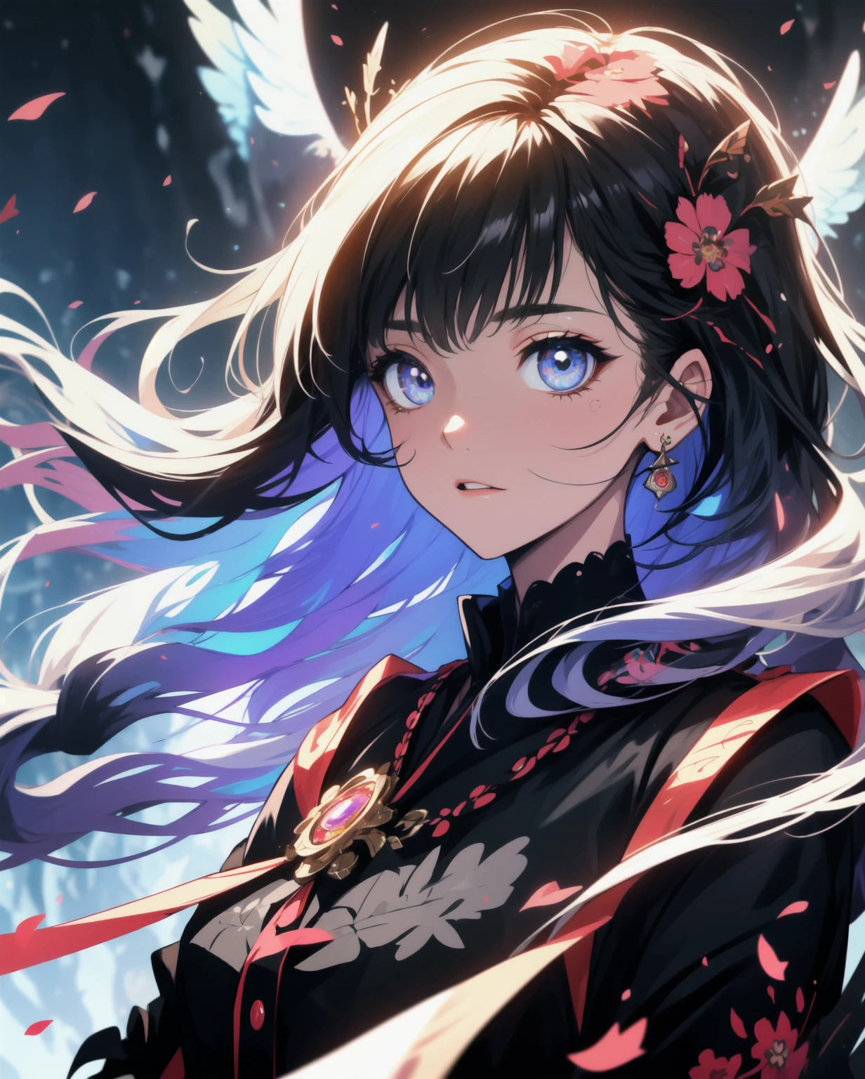 (absurdres, highres, ultra detailed), 1girl, anime, anime style, mature female, wavy hair, long hair, blunt bangs, eye trail, flaming eye, red eye trail, multicolored hair, glowing eye, red flaming eye, black dress, finely detailed eyes and detailed face, extremely detailed CG unity 8k wallpaper, intricate details, BREAK , kaleidoscopic imagery, symmetrical patterns, vibrant colors, geometric shapes, mesmerizing designs, optical illusions, dynamic composition BREAK , pantomime art, expressive body language, silent storytelling, evocative gestures, visual narratives, theatrical performances BREAK , butterflies, butterfly hair pins, colorful petals, fragrant scents, nature's bounty, vibrant gardens, peaceful scenery, glow, glare, diffused lights