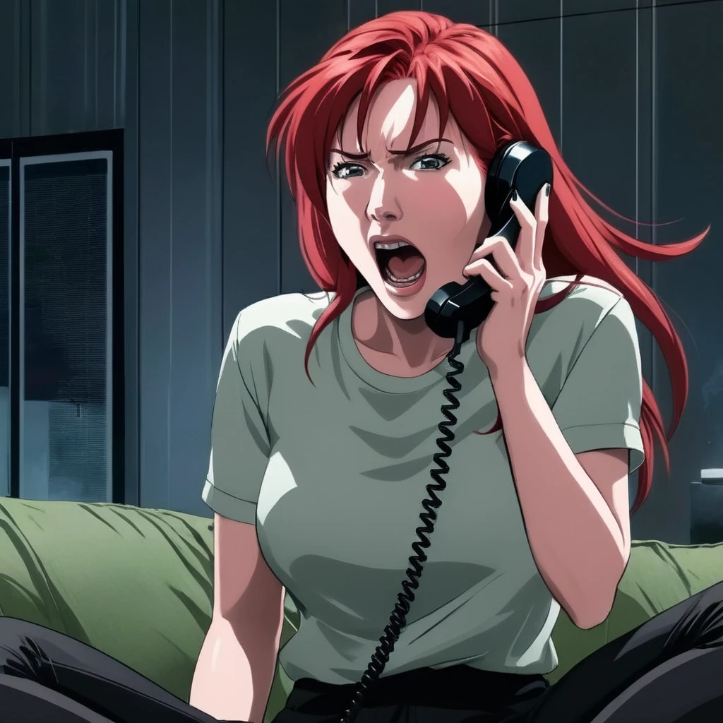 concept art of  <lora:anime manga girl style:1.2>
a screaming shouting woman with red hair while talking on a cordless phone inside a dark living room anime manga girl style, digital artwork, illustrative, painterly, matte painting, highly detailed