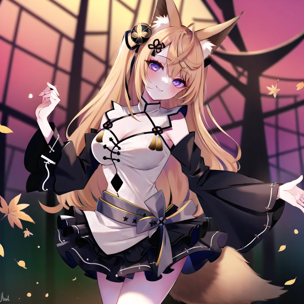 (masterpiece, best quality:1.2), girl, 1girl, solo, kokuri, 1girl, solo, purple eyes, ahoge, brown blonde long hair, hair ornament, hair bell, hair ribbon, hairclip, white chinese clothes, cleavage, cleavage cutout, black frilled skirt, detached frilled black sleeves, fox girl, fox ears, gray belt, BREAK
dancing, autumn forest, autumn leaves, outdoor, daylight, smile, blush, <lora:Kokuri_22:1>