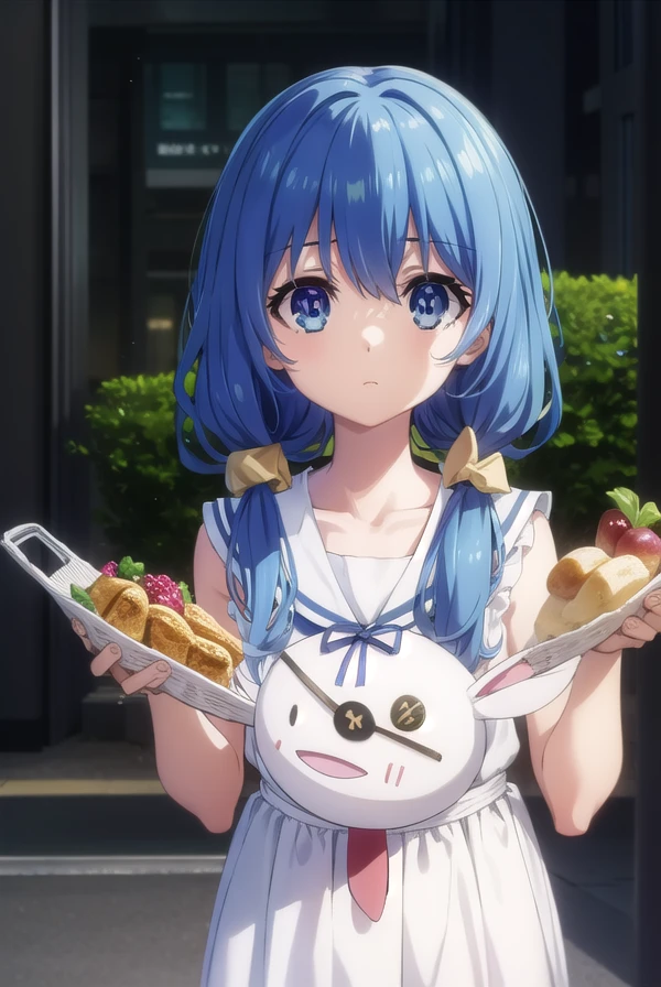 dalyoshino, <lora:dal yoshino s2-lora-nochekaiser:1>,
yoshino casual, long hair, blue eyes, twintails, school uniform, blue hair, eyepatch, puppet, hand puppet, serafuku, sleeveless,
BREAK ,
BREAK outdoors, city, sky, clouds, buildings, sun,
BREAK looking at viewer, (cowboy shot:1.5),
BREAK <lyco:GoodHands-beta2:1>, (masterpiece:1.2), best quality, high resolution, unity 8k wallpaper, (illustration:0.8), (beautiful detailed eyes:1.6), extremely detailed face, perfect lighting, extremely detailed CG, (perfect hands, perfect anatomy),