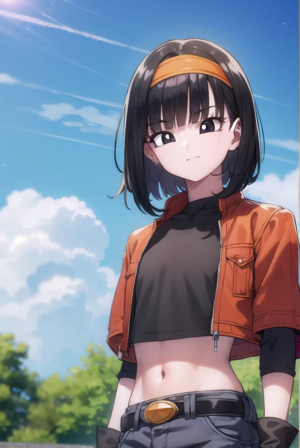 dragonballpan, <lora:dragon ball pan-lora-nochekaiser:1>,
pan xeno, short hair, bangs, black hair, gloves, navel, jacket, hairband, open clothes, black gloves, midriff, belt, pants, blunt bangs, (black eyes:1.5), crop top, black shirt, red jacket, cropped jacket, orange hairband, smile,
BREAK ,
BREAK outdoors, forest, nature, trees, grass, clouds, sky, sun,
BREAK looking at viewer, (cowboy shot:1.5),
BREAK <lyco:GoodHands-beta2:1>, (masterpiece:1.2), best quality, high resolution, unity 8k wallpaper, (illustration:0.8), (beautiful detailed eyes:1.6), extremely detailed face, perfect lighting, extremely detailed CG, (perfect hands, perfect anatomy),