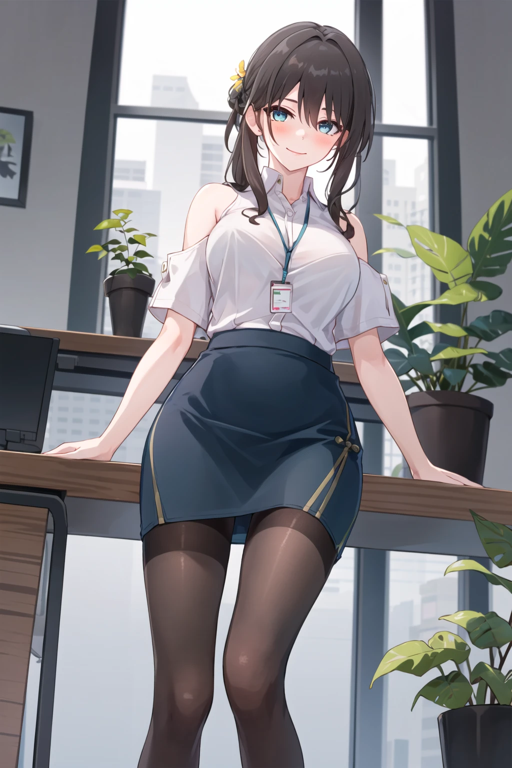 (High definition images), (((Red cheeks, An embarrassed expression)), Long, slender legs, The legs are small and slender, ((White work outfit with black pencil skirt)), (Not a skirt and no pants), No shoes, (not wearing underwear), (no underwear), (no panties, Visible genitals), ((There is lubricant flowing from the vagina)), (There is a lot of pubic hair), (full body image), Open your shirt to reveal a little bit of my chest, (Turn your back), In the computer room.