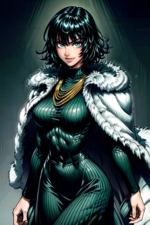 best quality, masterpiece <lora:Fubuki2:1> <lora:more_details:1> fubuki2, 1girl, solo, breasts, looking at viewer, smile, short hair, bangs, skirt, large breasts, black hair, long sleeves, dress, jewelry, closed mouth, green eyes, cowboy shot, hand up, signature, black skirt, necklace, sweater, lips, coat, turtleneck, ribbed sweater, high-waist skirt, green sweater, fur coat