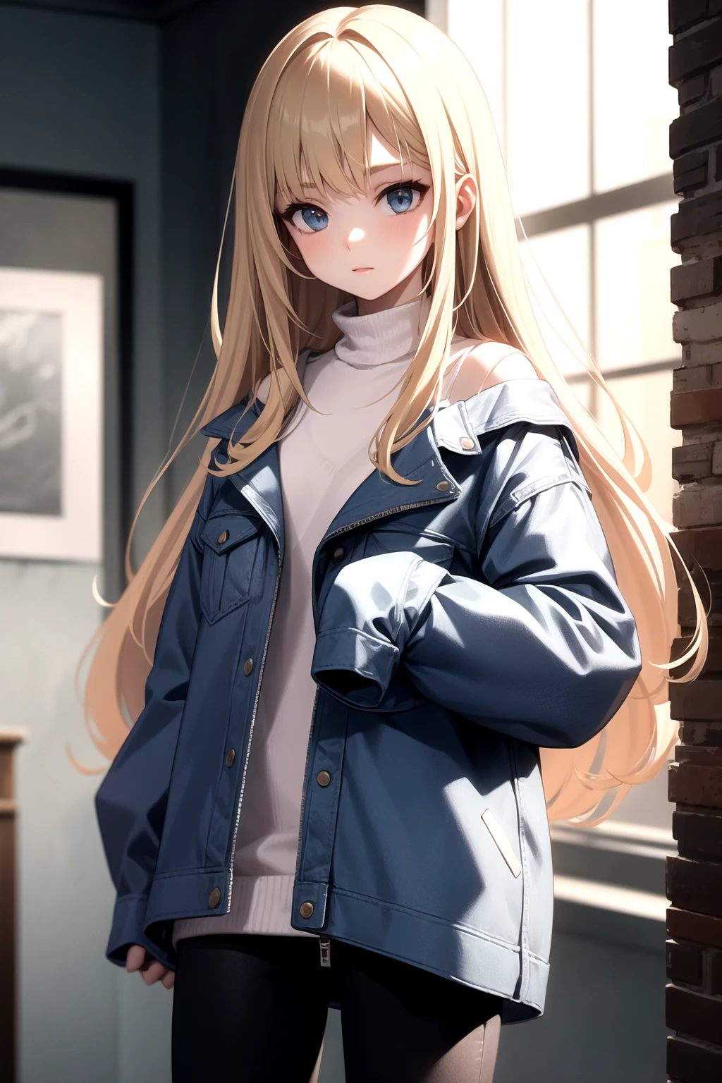 <lora:oversized_shirt_v0.2:1.0>
1girl, oversized clothes, sleeves past wrists,
denim jacket, long hair, blonde hair, black pants,, masterpiece, best quality, highly detailed