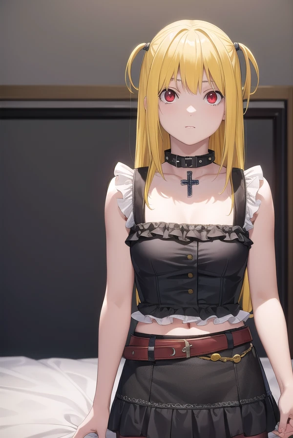 misaamane, <lora:misa amane manga-lora-nochekaiser:1>,
misa amane, twintails, (red eyes:1.3), (yellow hair:1.5), sidelocks, long hair,
BREAK skirt, pantyhose, sleeveless, belt, cross, frilled skirt, gothic, collar, spiked collar,
BREAK indoors, bed,
BREAK looking at viewer, (cowboy shot:1.5),
BREAK <lyco:GoodHands-beta2:1>, (masterpiece:1.2), best quality, high resolution, unity 8k wallpaper, (illustration:0.8), (beautiful detailed eyes:1.6), extremely detailed face, perfect lighting, extremely detailed CG, (perfect hands, perfect anatomy),