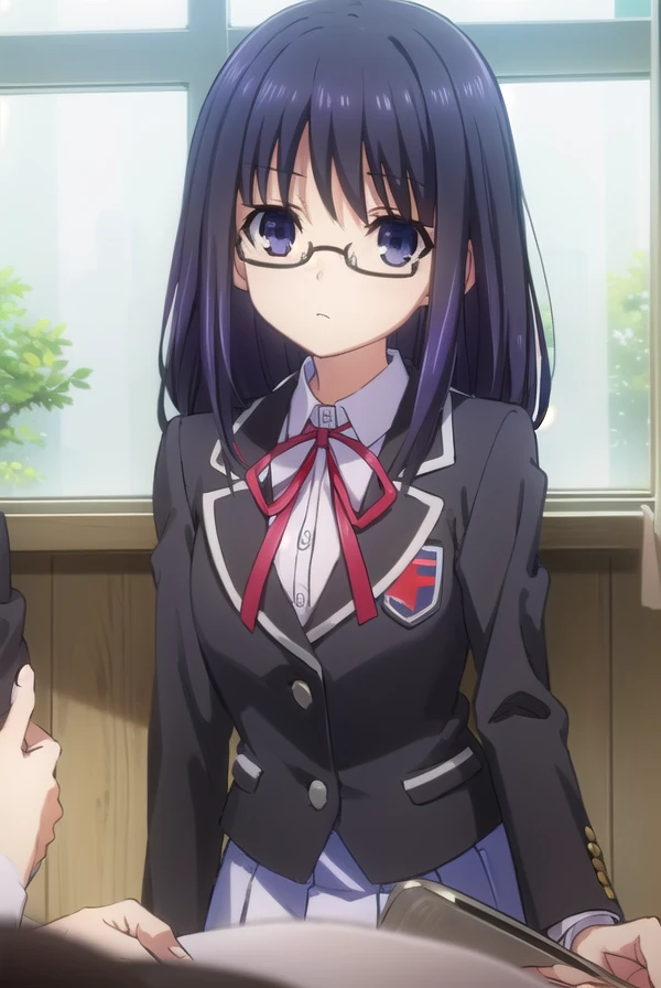 miifujibakama, <lora:mii fujibakama s2-lora-nochekaiser:1>,
mii fujibakama, long hair, black hair, (purple eyes:1.1), glasses,
BREAK school uniform, blazer, black blazer, shirt, white shirt, collared shirt, skirt, blue skirt, ribbon, red ribbon,
BREAK indoors, classroom,
BREAK looking at viewer, (cowboy shot:1.5),
BREAK <lyco:GoodHands-beta2:1>, (masterpiece:1.2), best quality, high resolution, unity 8k wallpaper, (illustration:0.8), (beautiful detailed eyes:1.6), extremely detailed face, perfect lighting, extremely detailed CG, (perfect hands, perfect anatomy),