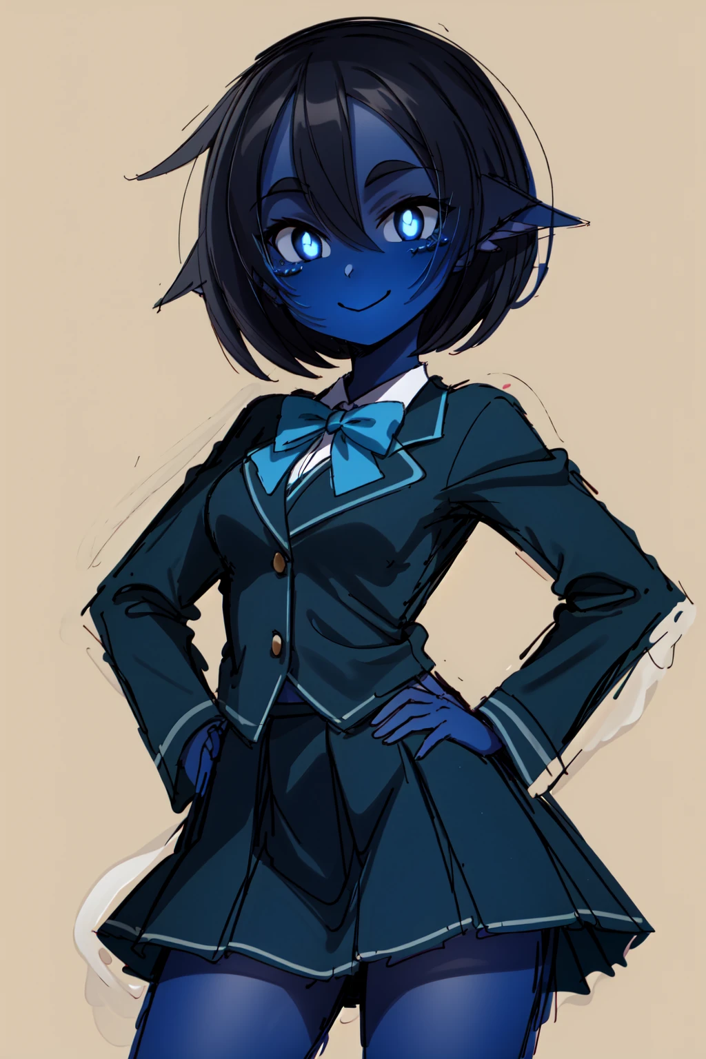 ((1girl, solo)), (blue skin), colored skin, masterpiece, best quality, glowing eyes, Smouldie, short hair, serafuku, school uniform, beige background, hands on hips, sketch, smile, looking at viewer, dynamic pose <lora:Smolder1_1:0.9>