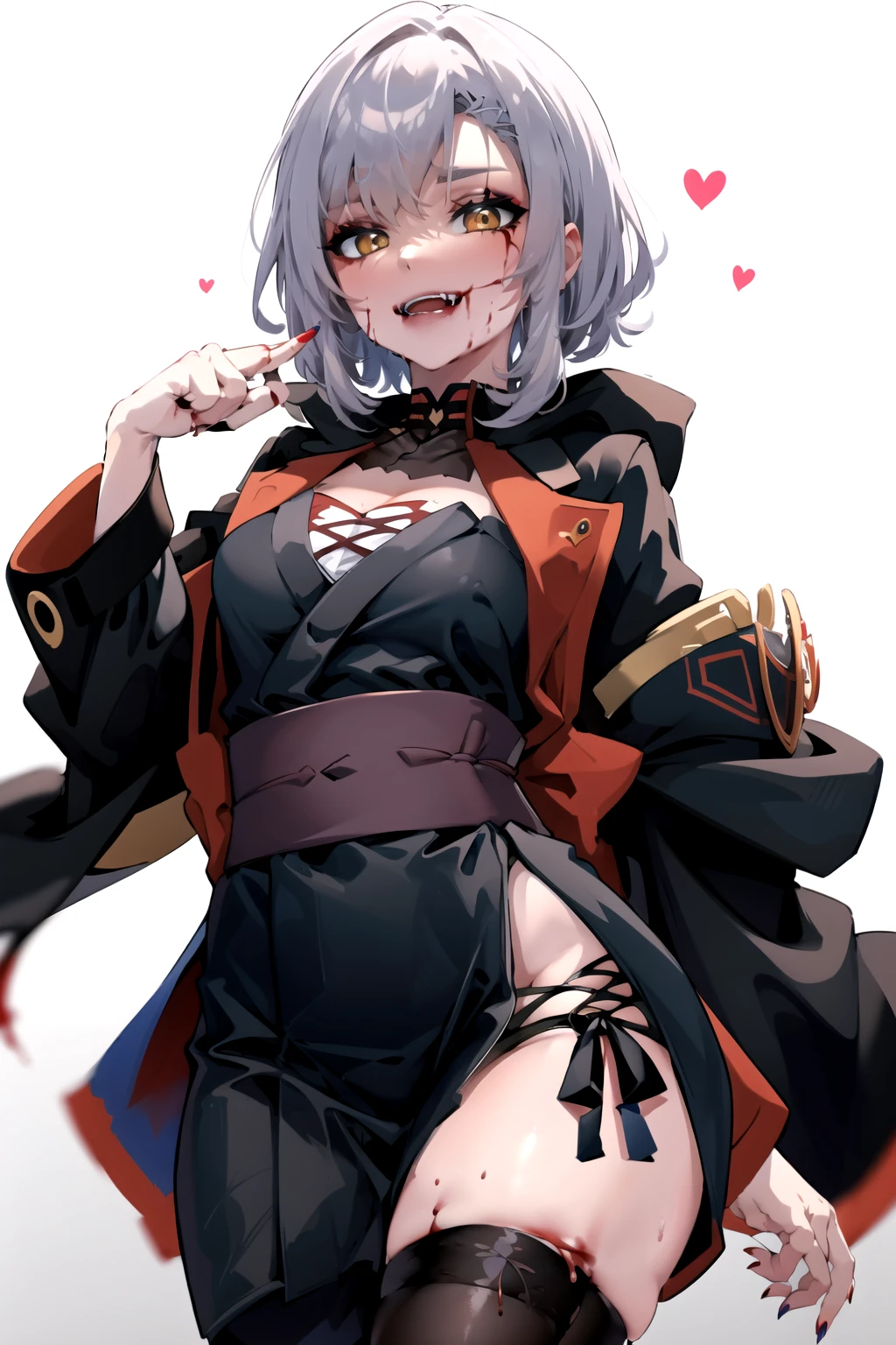 <lora:Vampire-17:0.75>, VampireT, yellow eyes, blood, blood on face, blood on clothes, fangs, open mouth, makeup, nail polish, pale skin, <lora:NinjaT-15:0.85>, NinjaT, kimono, jacket, best quality, masterpiece, highres