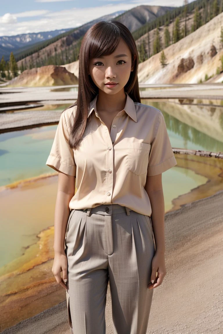 <lora:minitw_obj20:0.5>, asian woman, full_body, standing, sandals, (shirt), pants, (yellowstone), (minitw: 1.3), perfect face, (contact iris: 1.1), pale skin, skin pores , depth of field