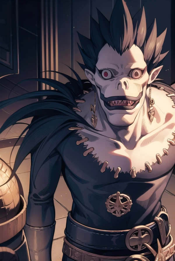 ryuk, <lora:ryuk manga-lora-nochekaiser:1>,
ryuk, jewelry, male focus, teeth, belt, necklace, grin, sharp teeth, spiked hair, skull, crazy eyes, horror \(theme\),
BREAK ,
BREAK indoors,
BREAK looking at viewer, (cowboy shot:1.5),
BREAK <lyco:GoodHands-beta2:1>, (masterpiece:1.2), best quality, high resolution, unity 8k wallpaper, (illustration:0.8), (beautiful detailed eyes:1.6), extremely detailed face, perfect lighting, extremely detailed CG, (perfect hands, perfect anatomy),